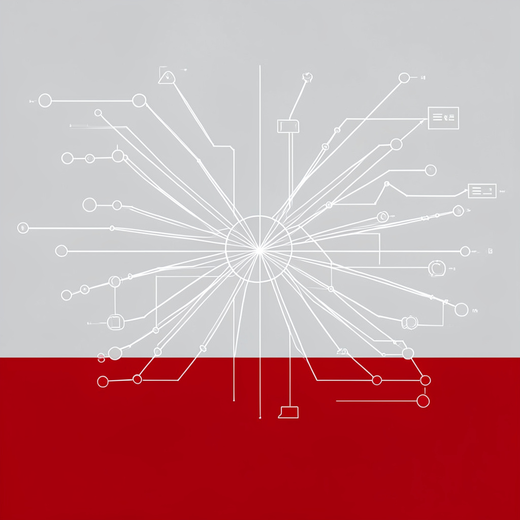 Technical blueprint-style drawing of interconnected news nodes and data streams on a light gray background, conveying information flow