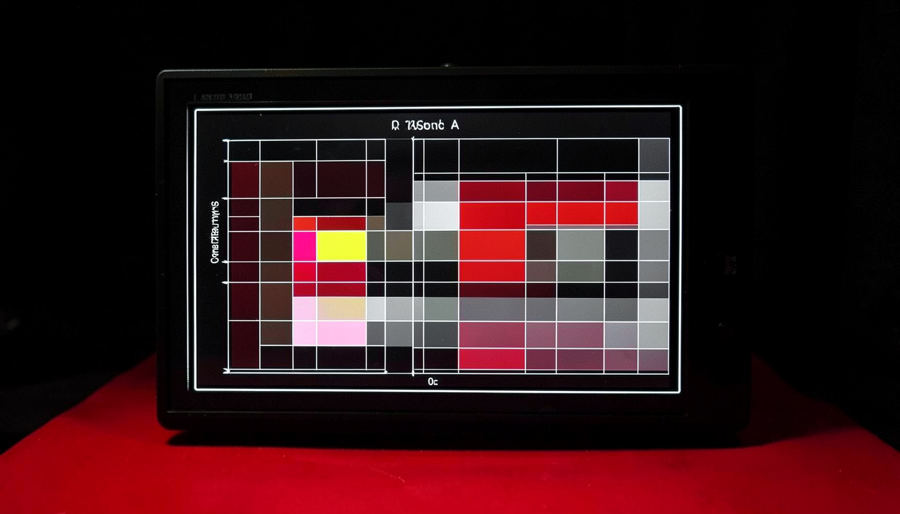 A close-up view of a television screen showing a technical calibration pattern with color bars and grayscale gradients, set against a dark home-theater backdrop.
